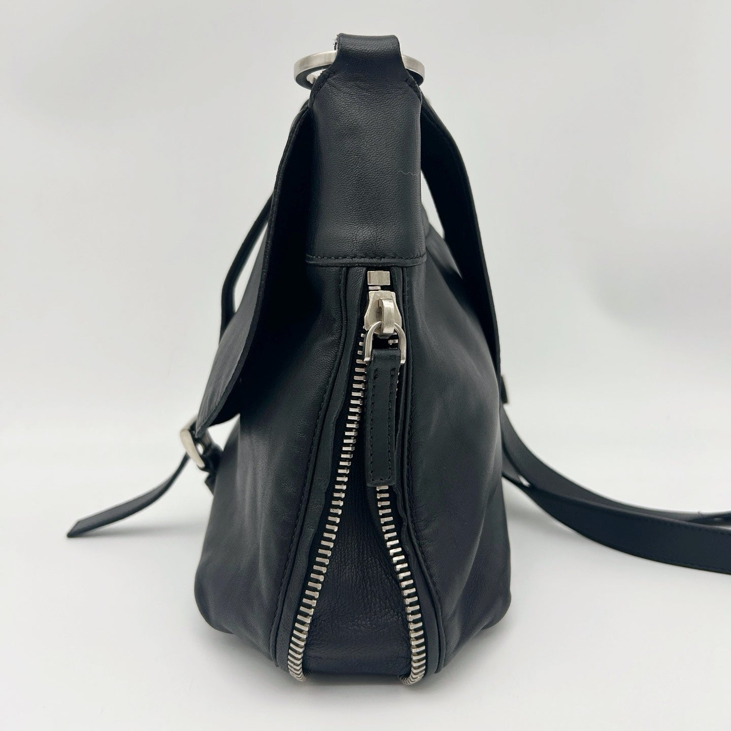 Prada Leather Messenger Saddle Bag Black Silver [Used]