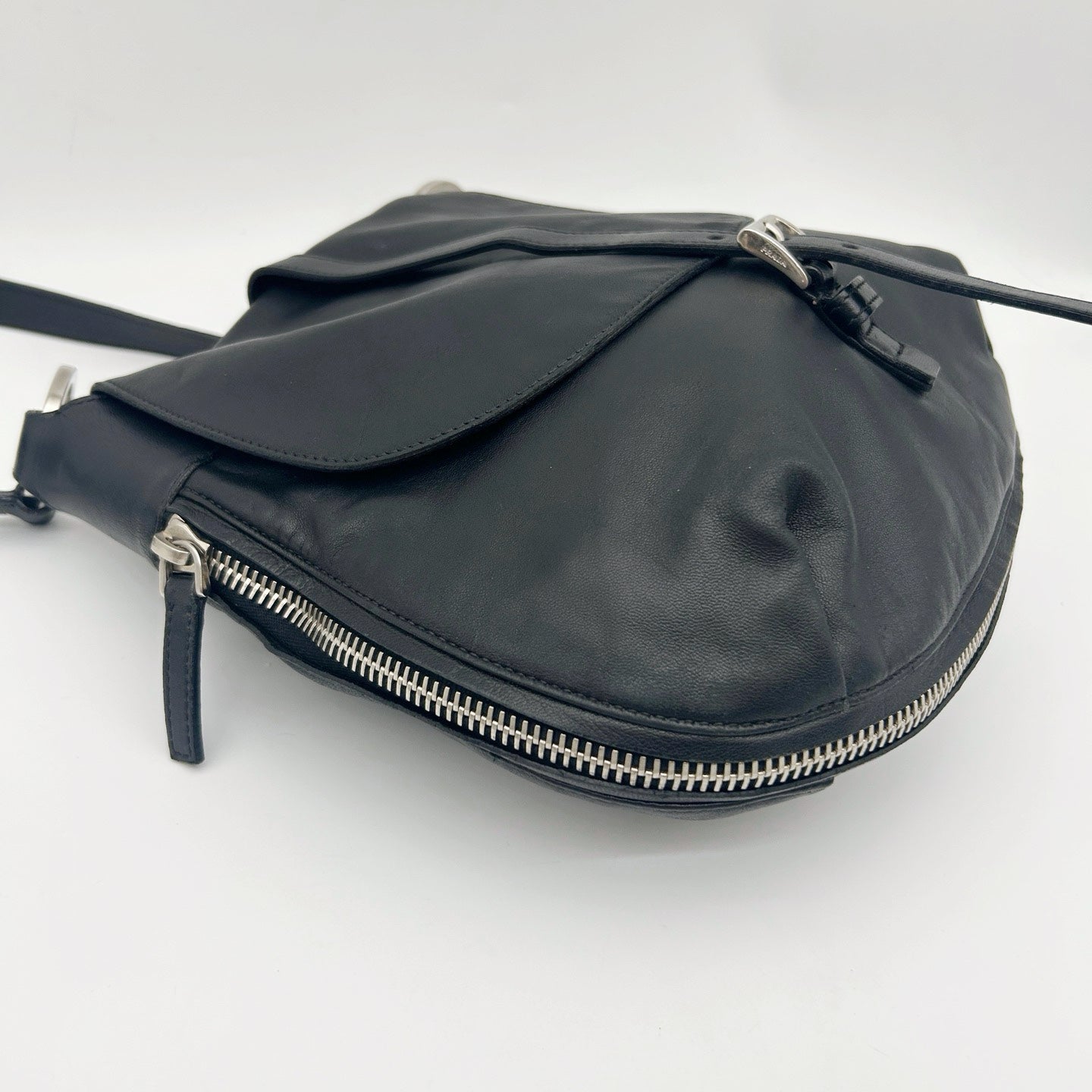Prada Leather Messenger Saddle Bag Black Silver [Used]