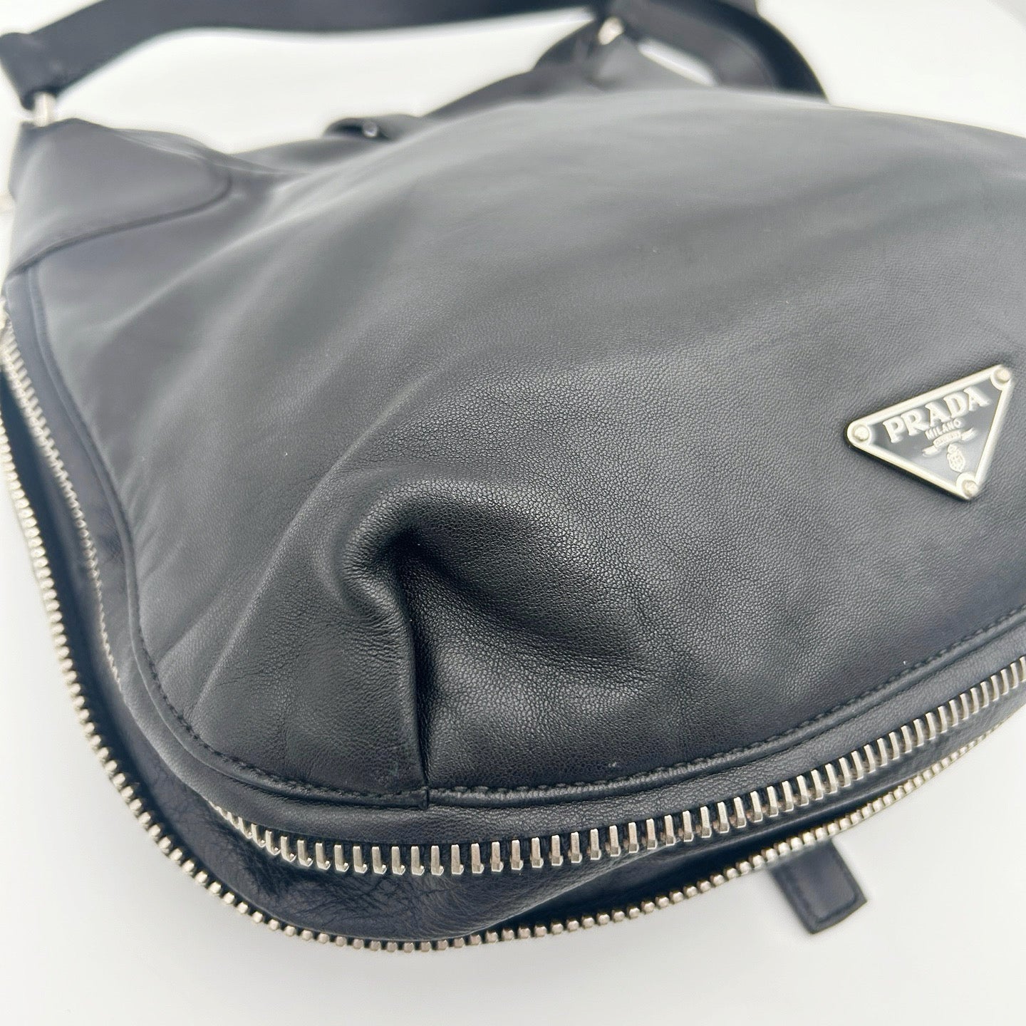 Prada Leather Messenger Saddle Bag Black Silver [Used]