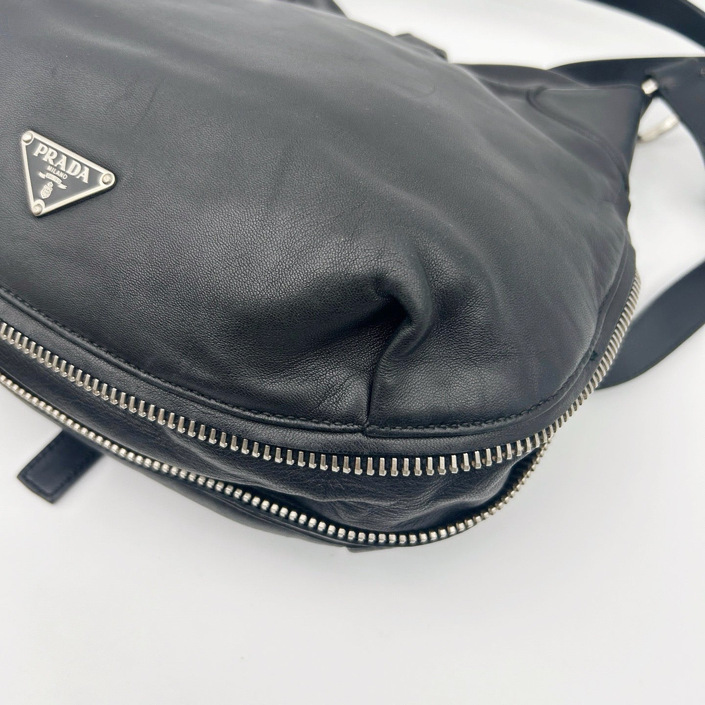 Prada Leather Messenger Saddle Bag Black Silver [Used]