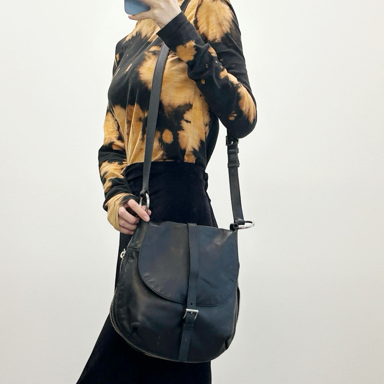 Prada Leather Messenger Saddle Bag Black Silver [Used]