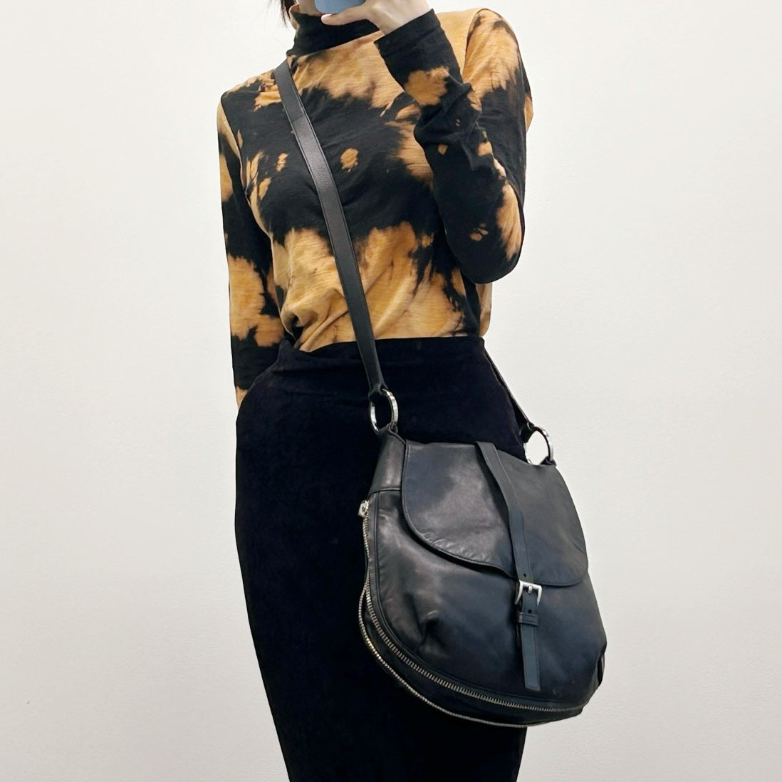 Prada Leather Messenger Saddle Bag Black Silver [Used]