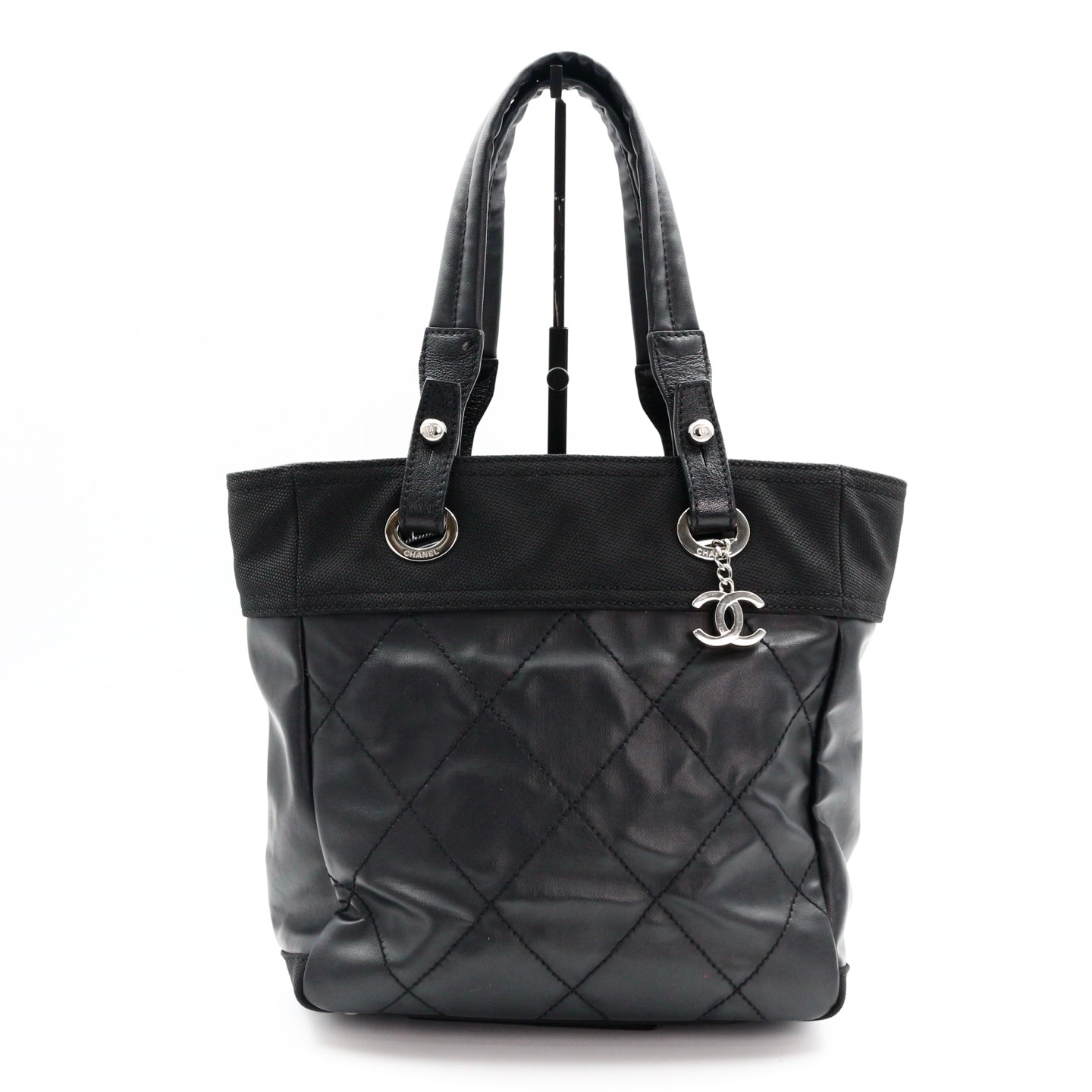 CHANEL Black Calfskin Leather & Canvas Tote Bag [Used]