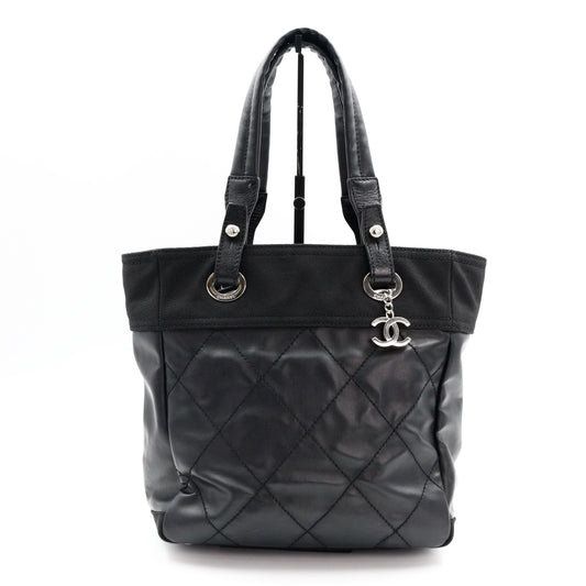 CHANEL Black Calfskin Leather & Canvas Tote Bag [Used]