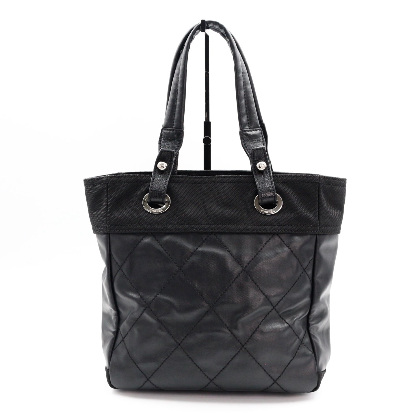 CHANEL Black Calfskin Leather & Canvas Tote Bag [Used]