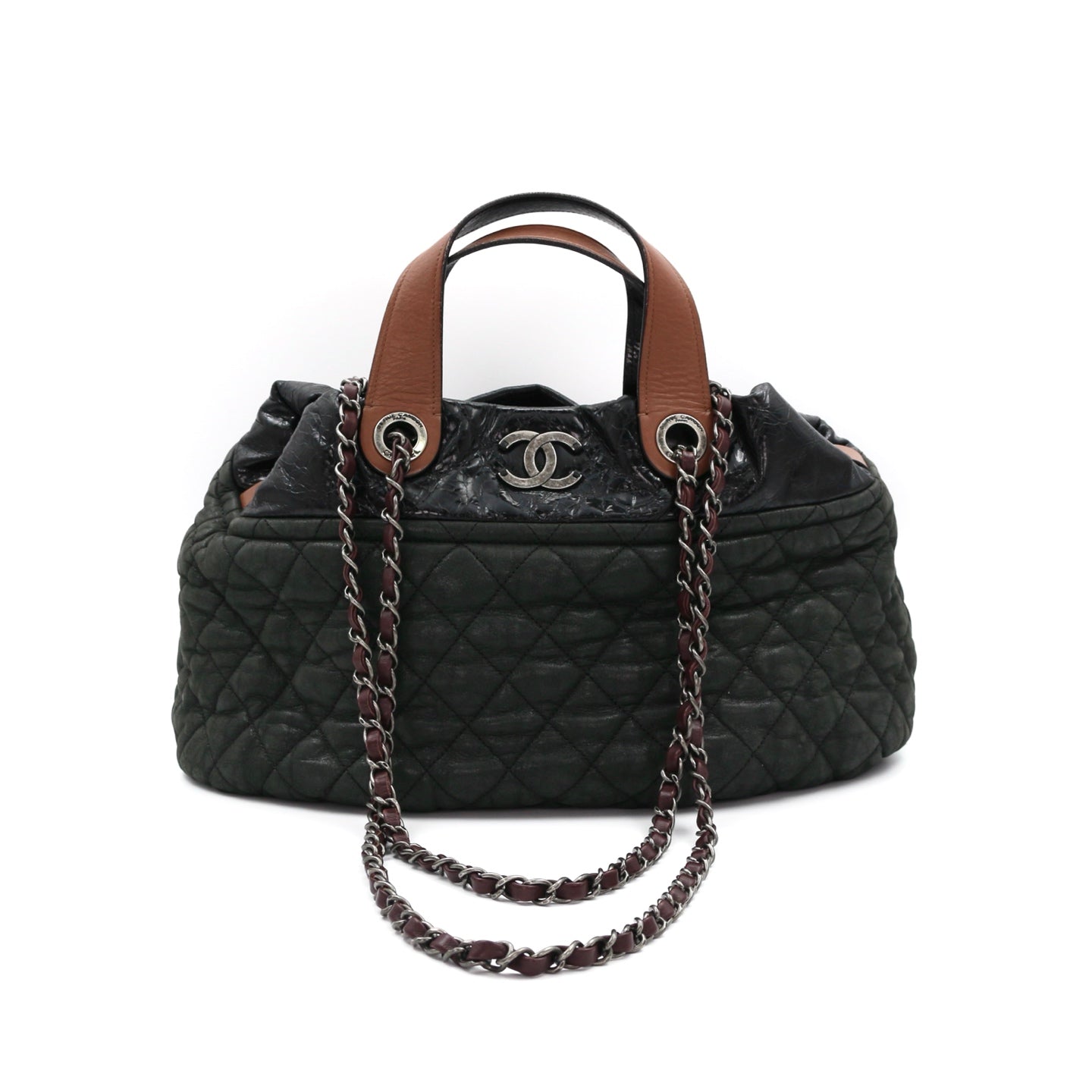 CHANEL Dark Green Iridescent Calfskin 2-Way Tote Bag [Used]