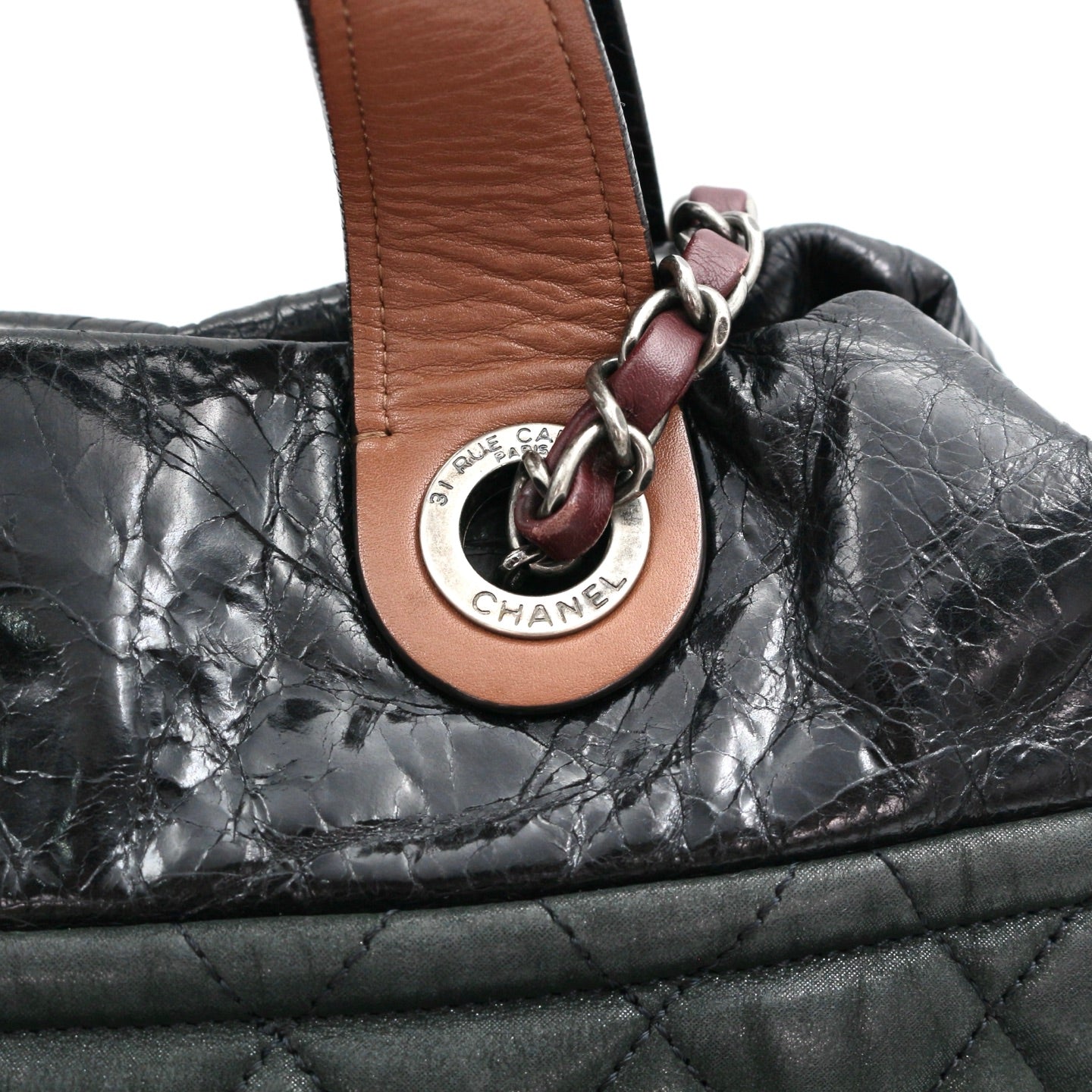 CHANEL Dark Green Iridescent Calfskin 2-Way Tote Bag [Used]