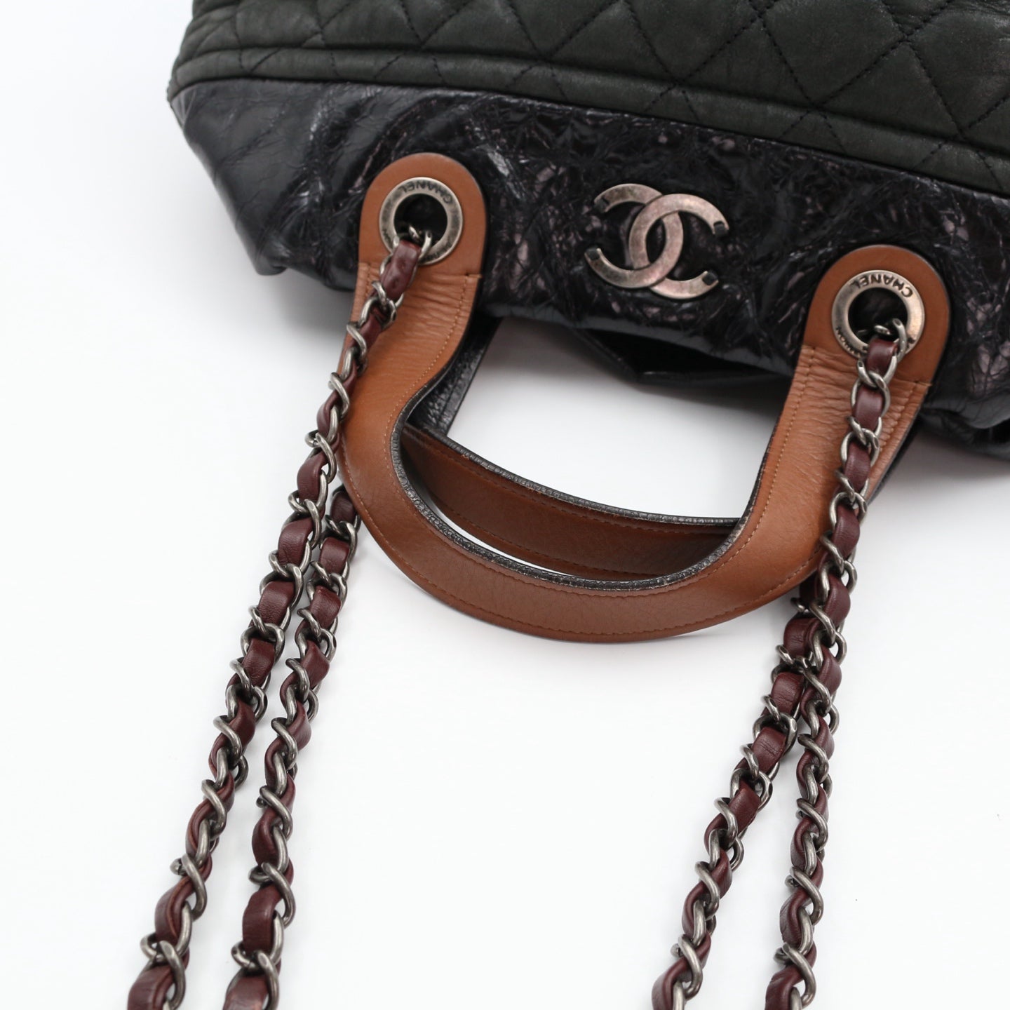 CHANEL Dark Green Iridescent Calfskin 2-Way Tote Bag [Used]