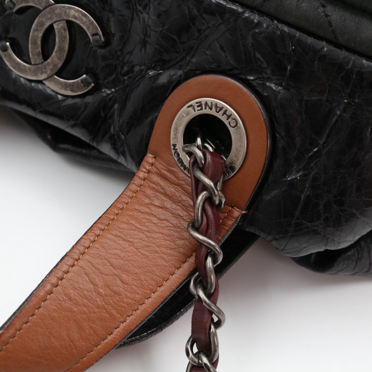 CHANEL Dark Green Iridescent Calfskin 2-Way Tote Bag [Used]
