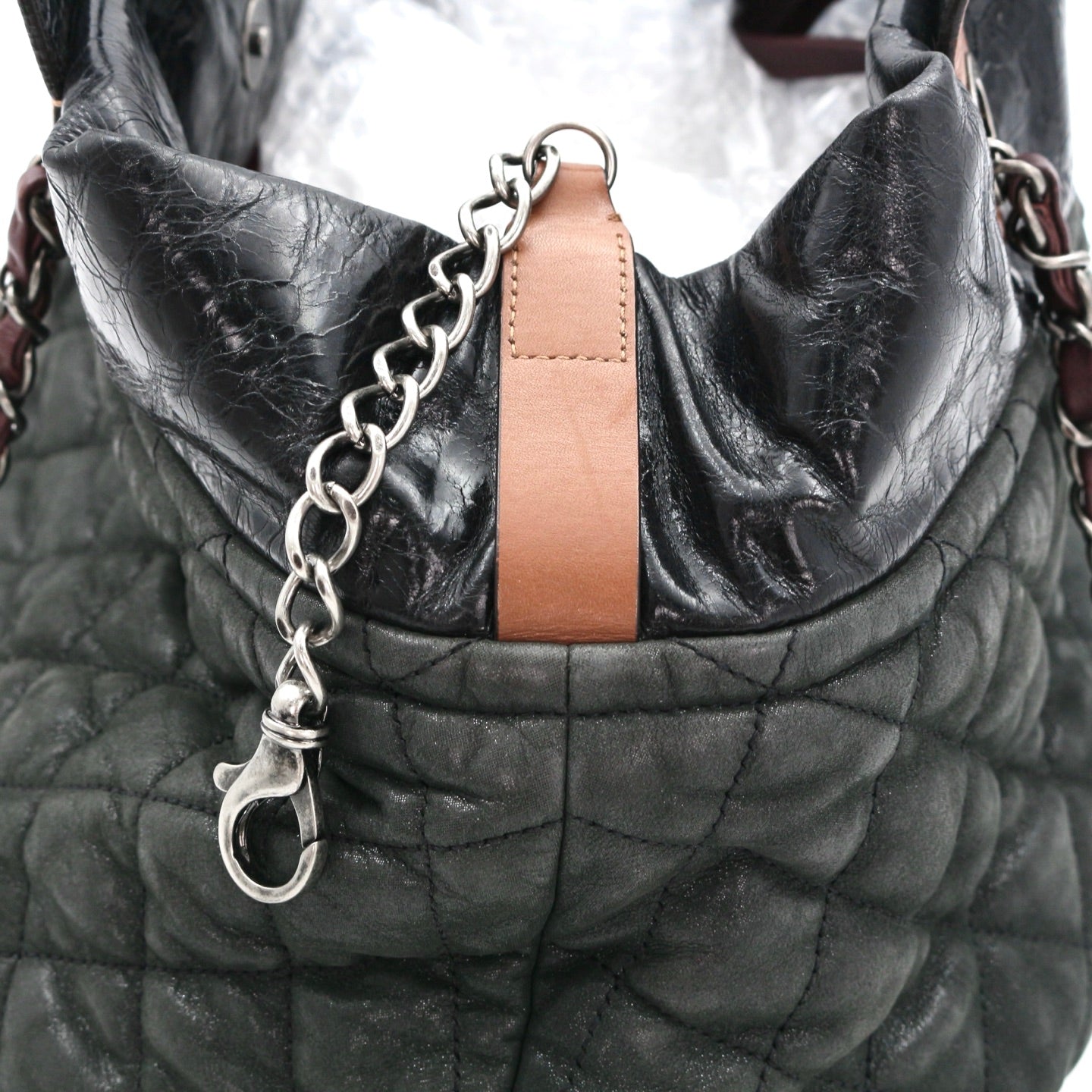CHANEL Dark Green Iridescent Calfskin 2-Way Tote Bag [Used]
