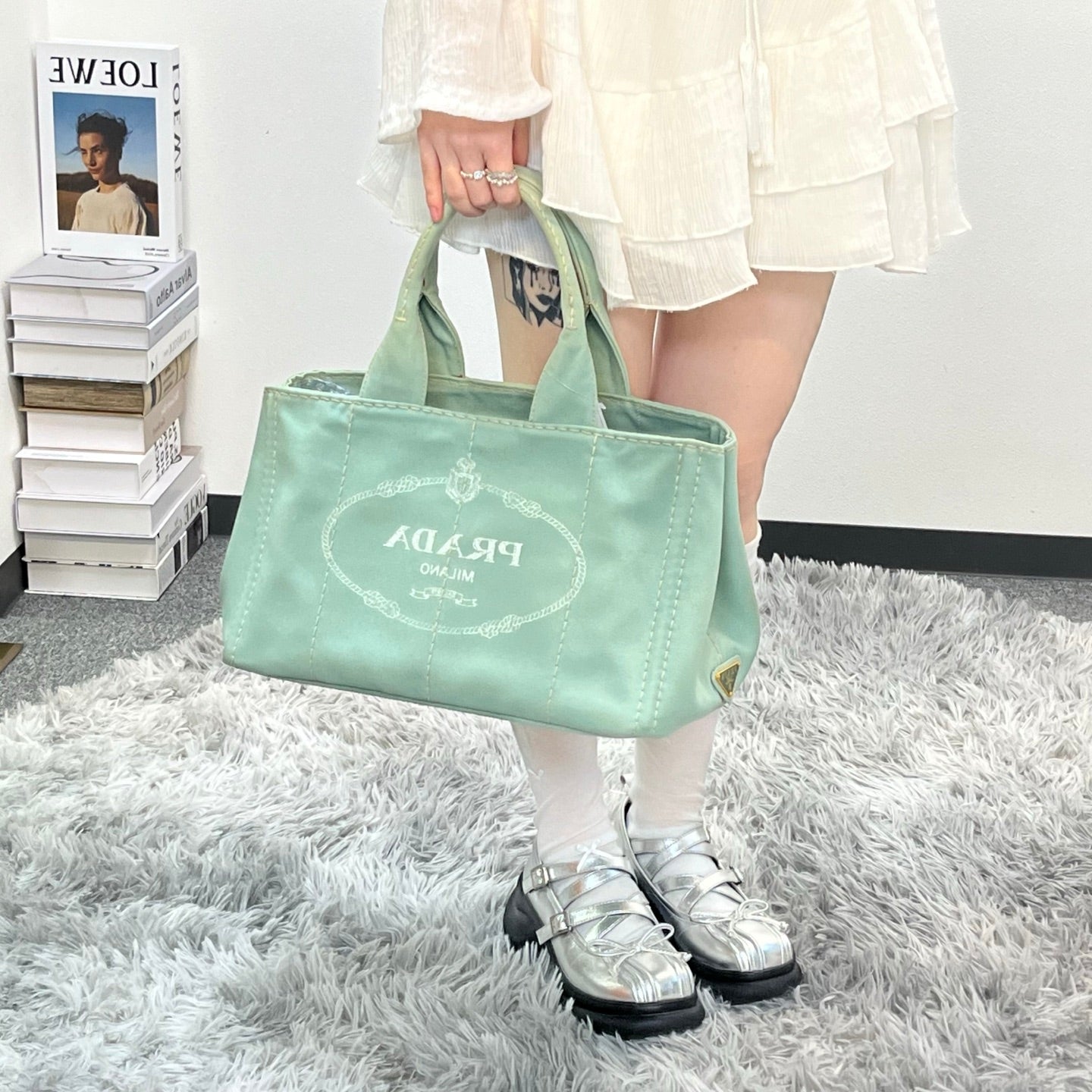 Prada Mint Green Canvas Large Tote Bag [Used]