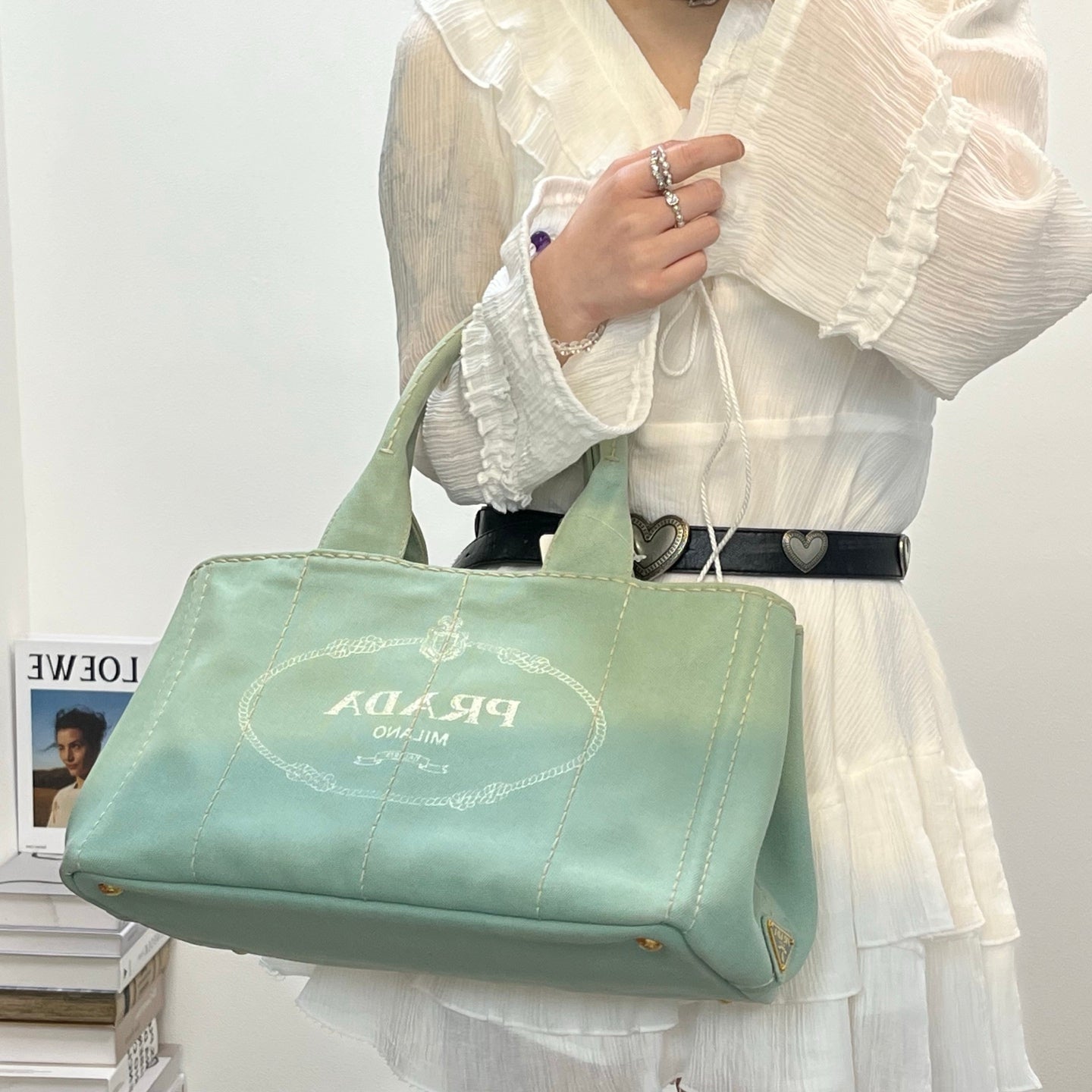 Prada Mint Green Canvas Large Tote Bag [Used]