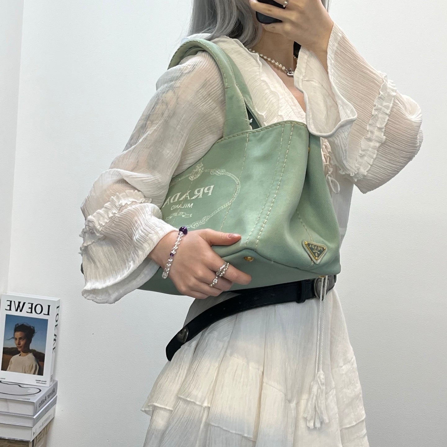 Prada Mint Green Canvas Large Tote Bag [Used]