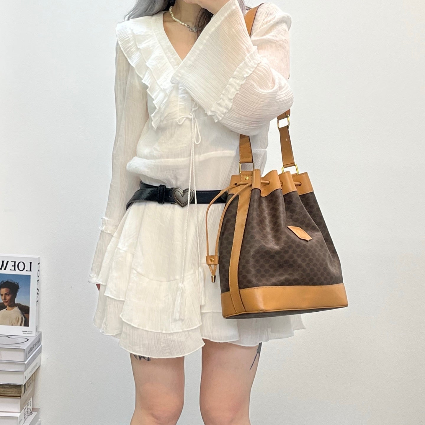 CELINE Macadam Canvas Drawstring Bucket Bag with Pouch [Used]
