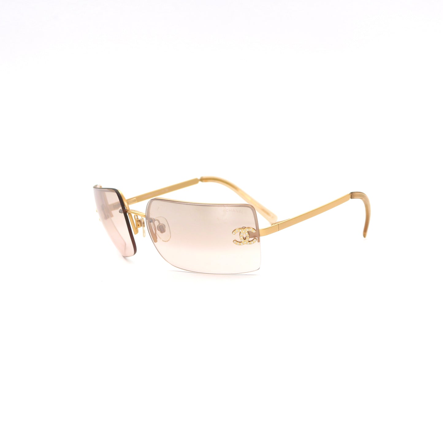 CHANEL Gold Brown Y2K Rimless CC Logo Sunglasses [Used]
