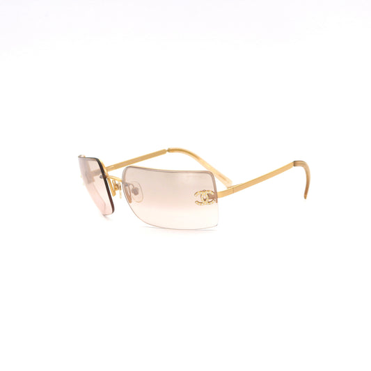 CHANEL Gold Brown Y2K Rimless CC Logo Sunglasses [Used]