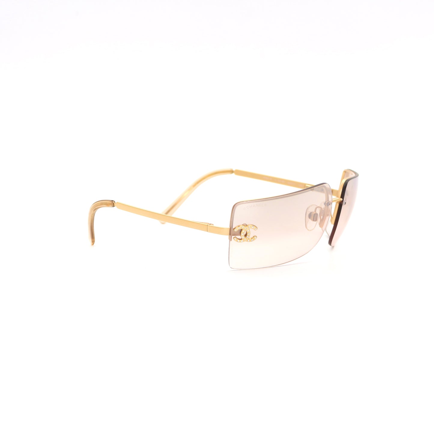 CHANEL Gold Brown Y2K Rimless CC Logo Sunglasses [Used]