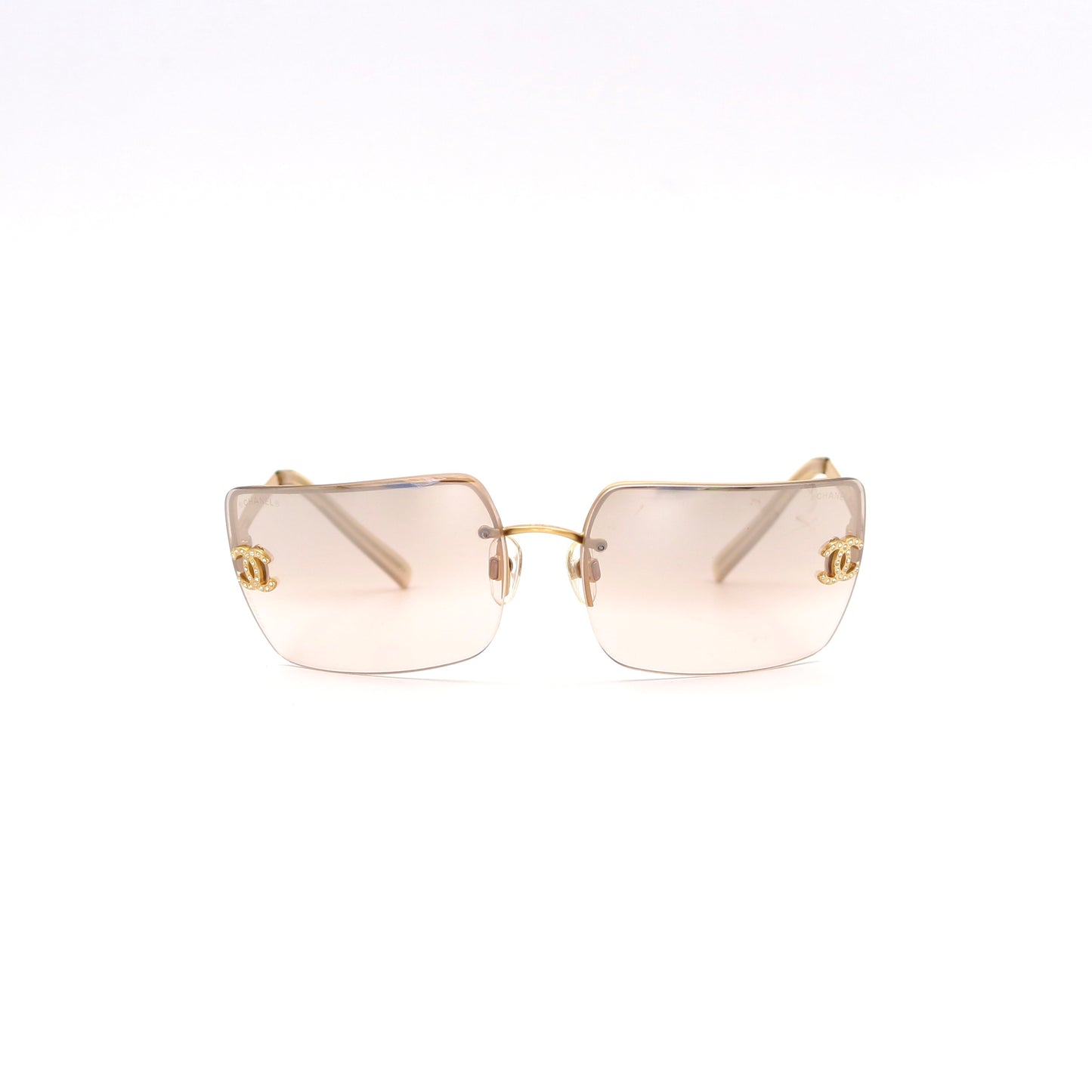 CHANEL Gold Brown Y2K Rimless CC Logo Sunglasses [Used]