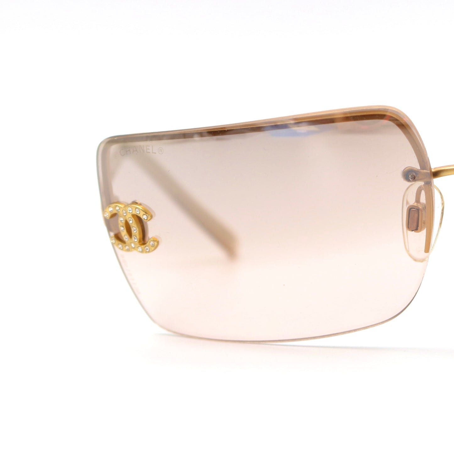 CHANEL Gold Brown Y2K Rimless CC Logo Sunglasses [Used]