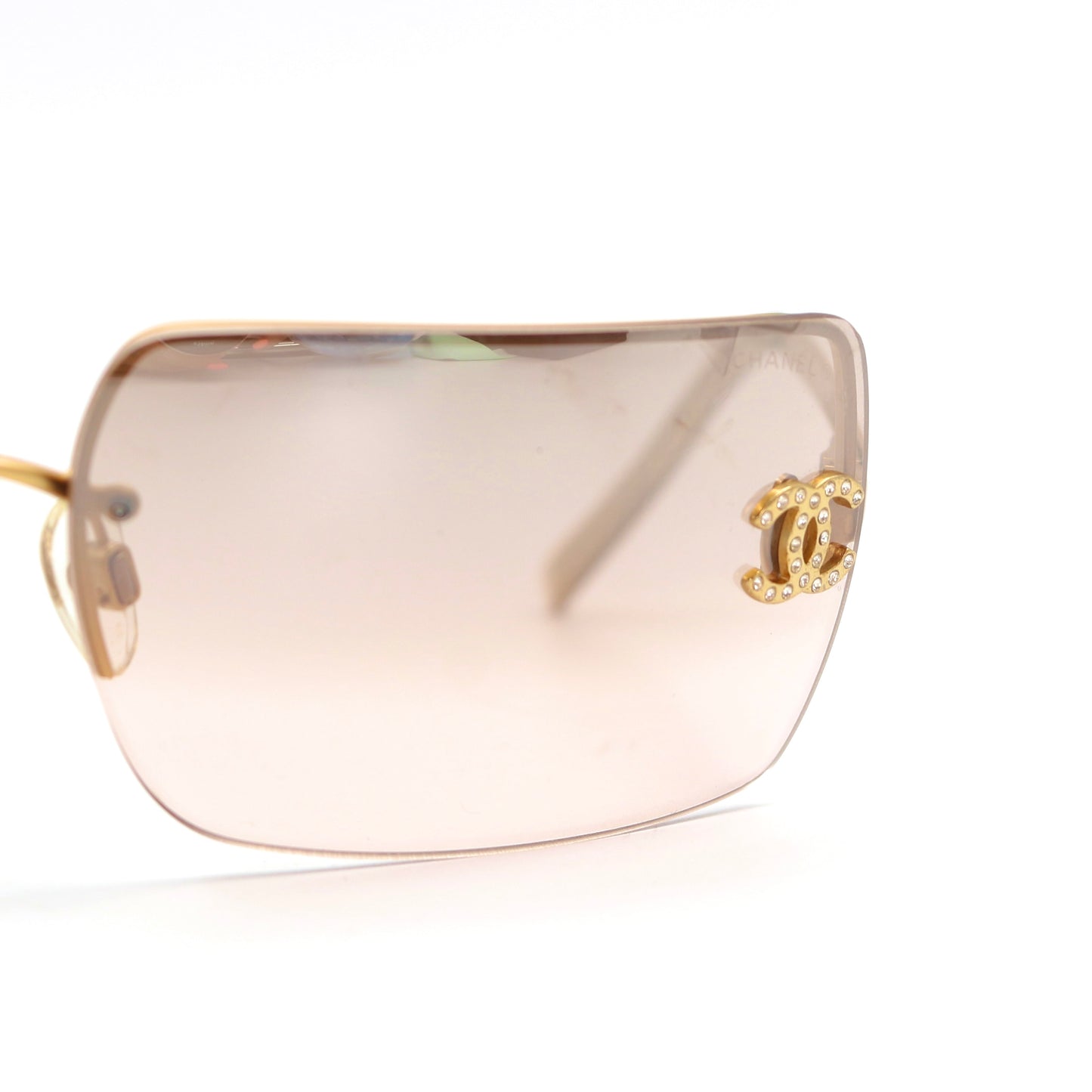 CHANEL Gold Brown Y2K Rimless CC Logo Sunglasses [Used]