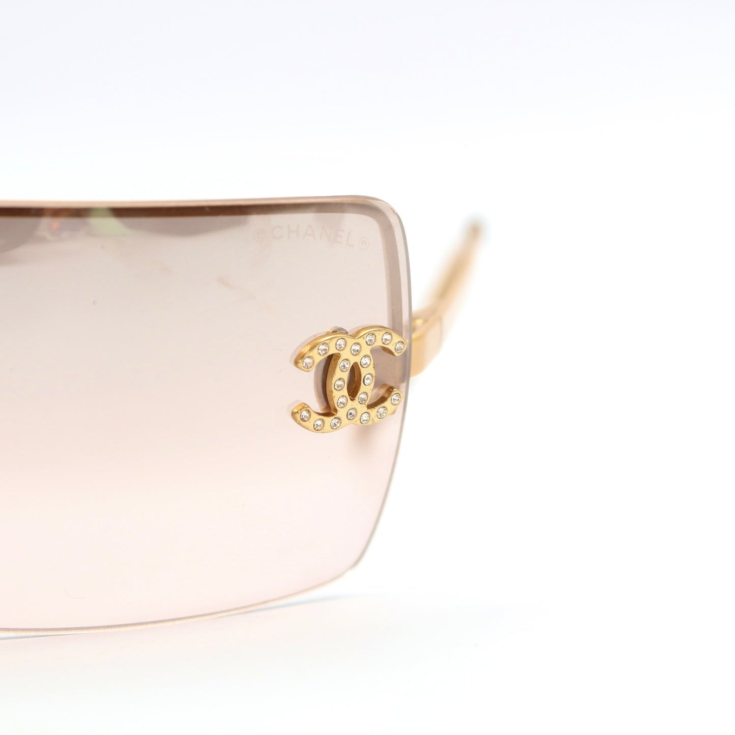 CHANEL Gold Brown Y2K Rimless CC Logo Sunglasses [Used]