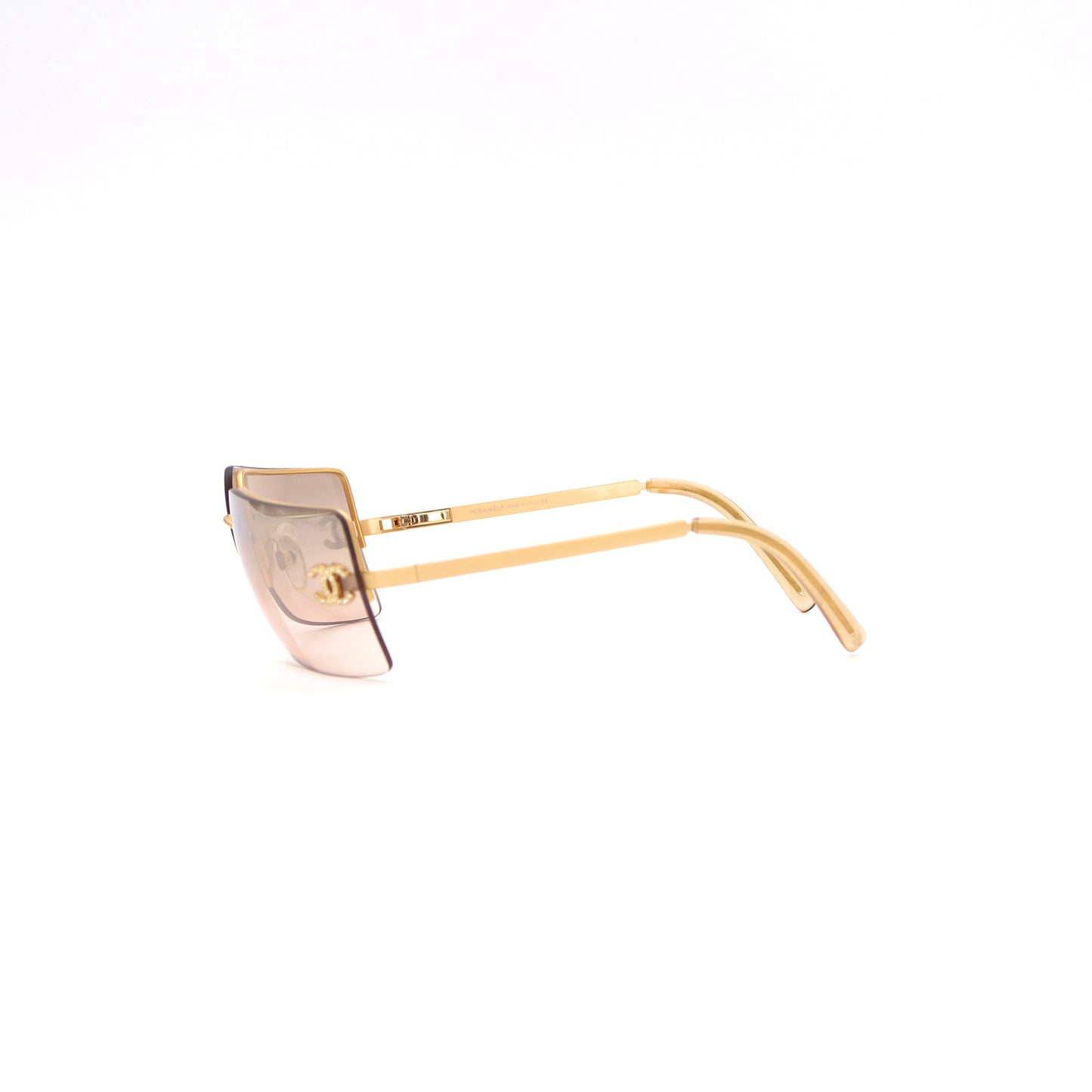 CHANEL Gold Brown Y2K Rimless CC Logo Sunglasses [Used]