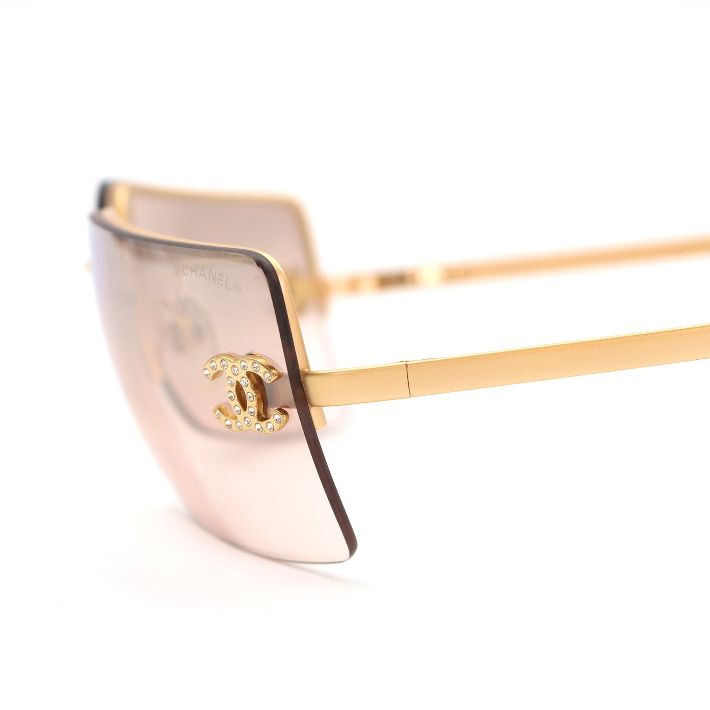 CHANEL Gold Brown Y2K Rimless CC Logo Sunglasses [Used]