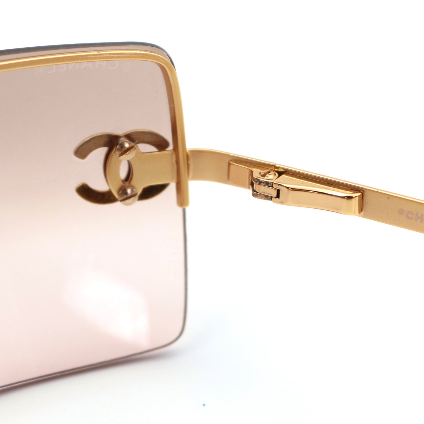 CHANEL Gold Brown Y2K Rimless CC Logo Sunglasses [Used]