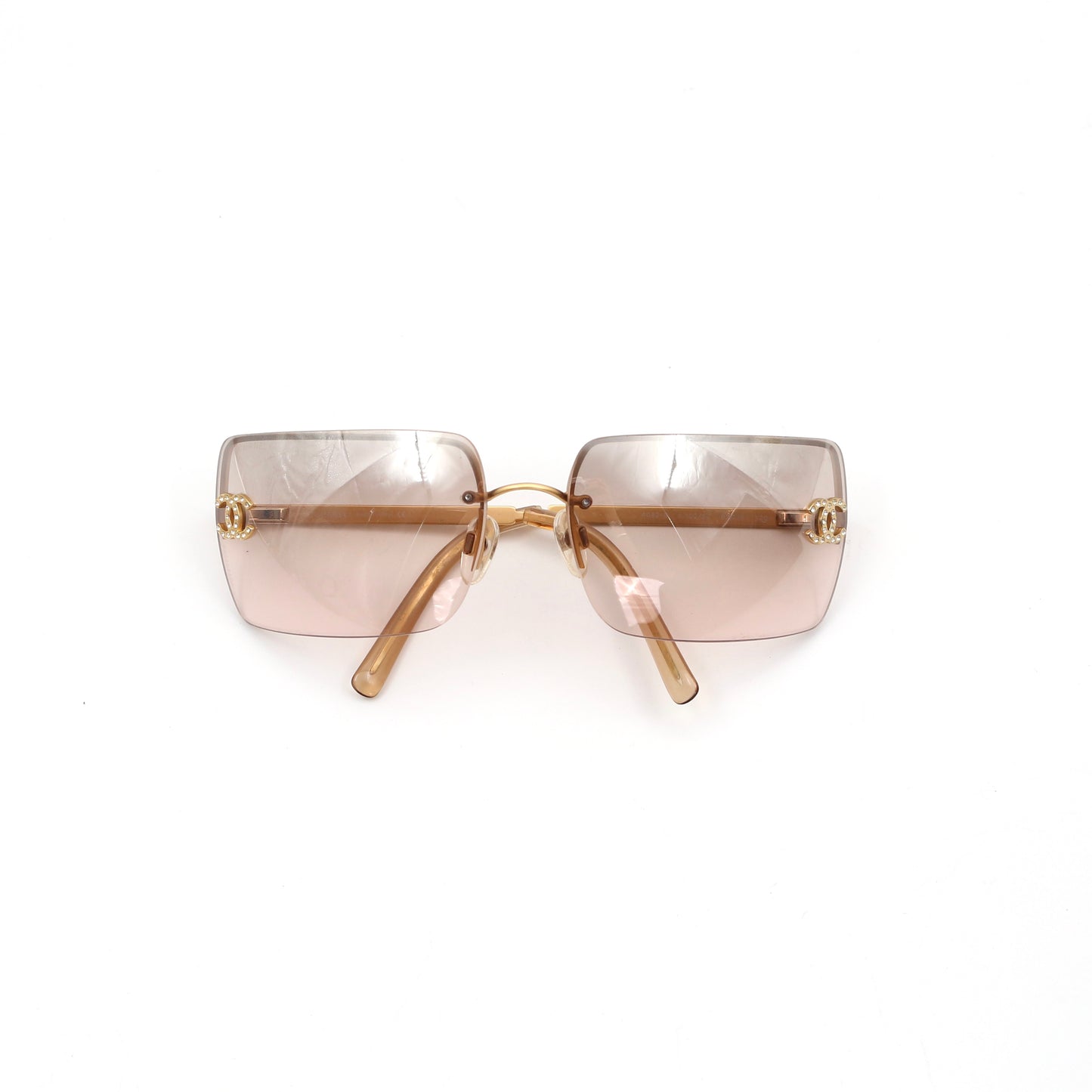 CHANEL Gold Brown Y2K Rimless CC Logo Sunglasses [Used]