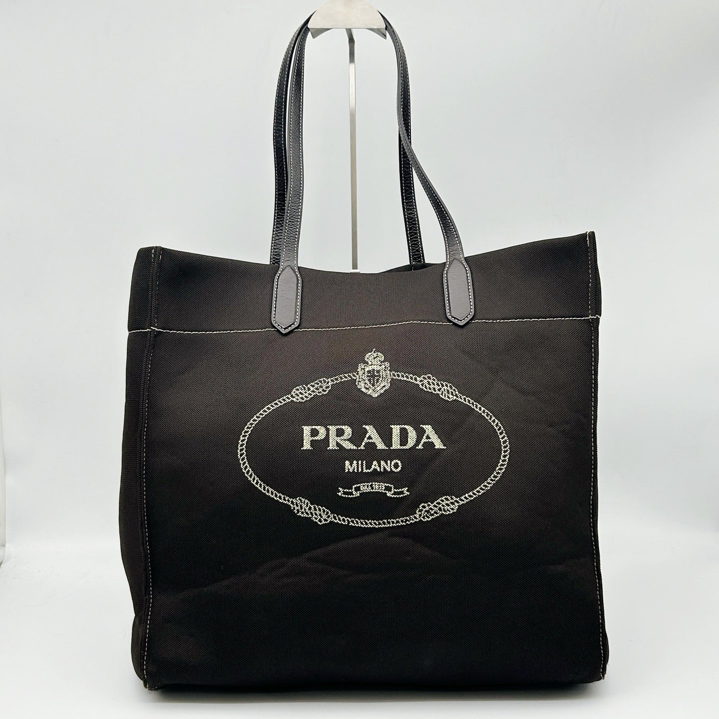 PRADA Dark Grey Brown Canvas Large Tote Bag [Used]