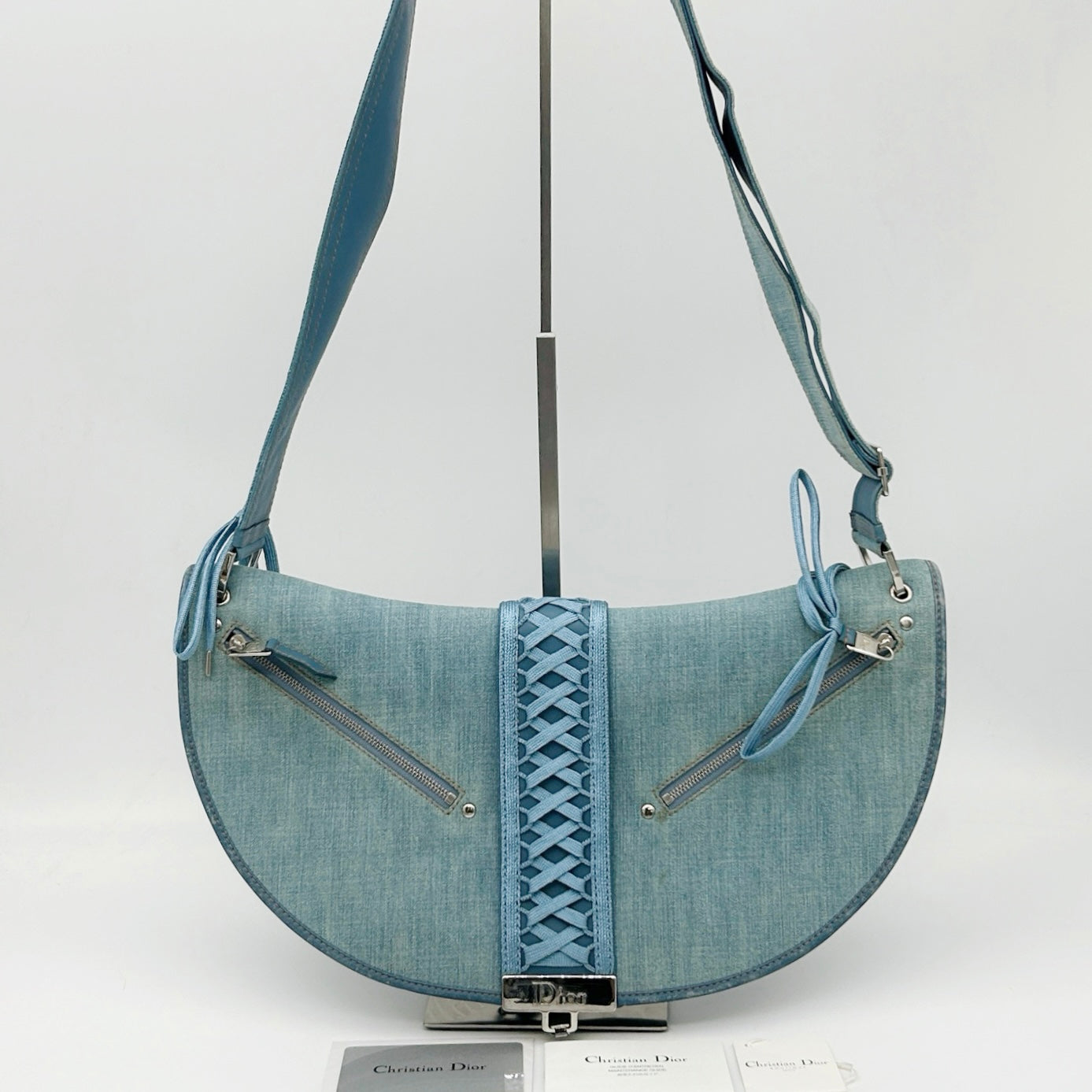Christian Dior Light Blue Denim Ballet Lace-Up Saddle Shoulder Bag [Used]