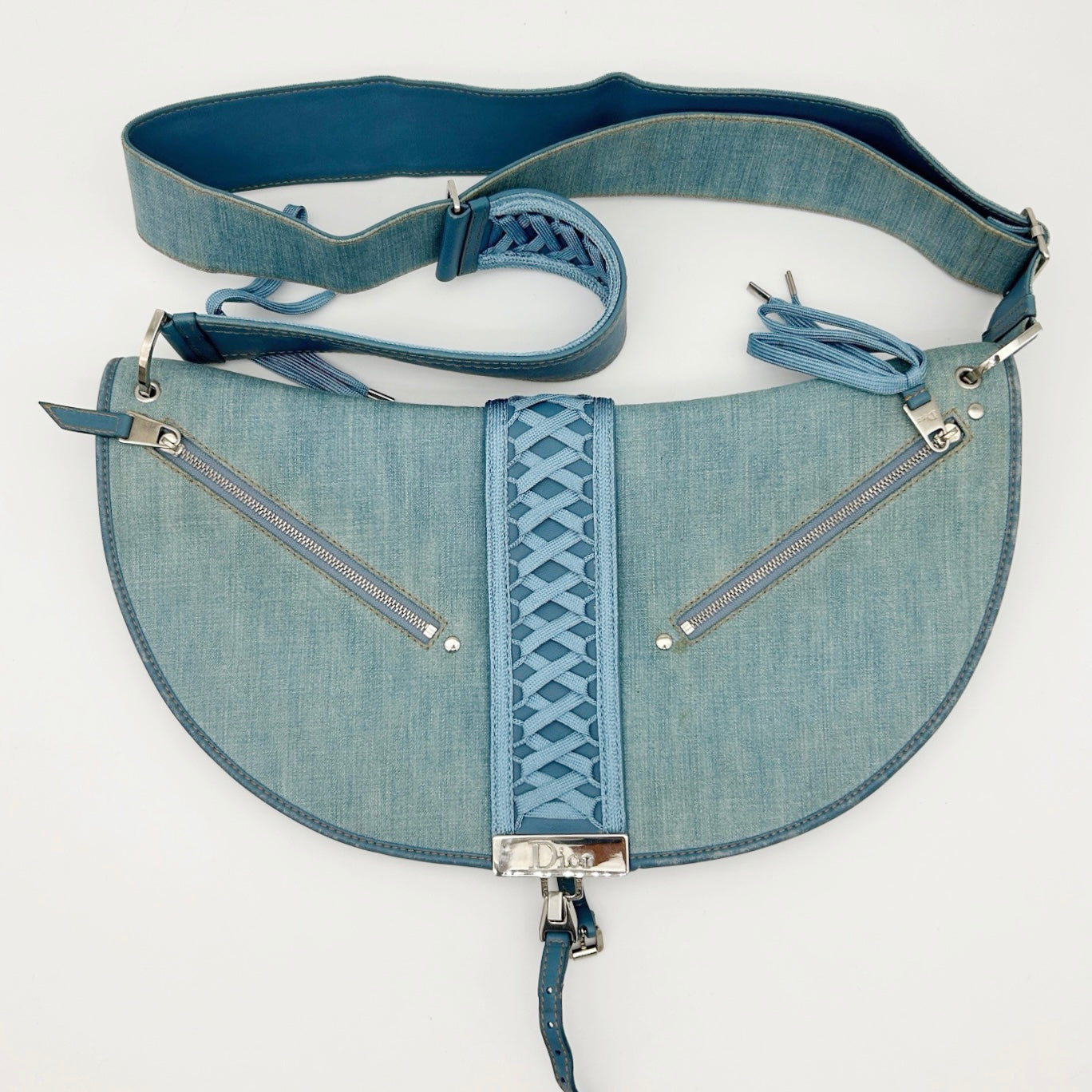 Christian Dior Light Blue Denim Ballet Lace-Up Saddle Shoulder Bag [Used]