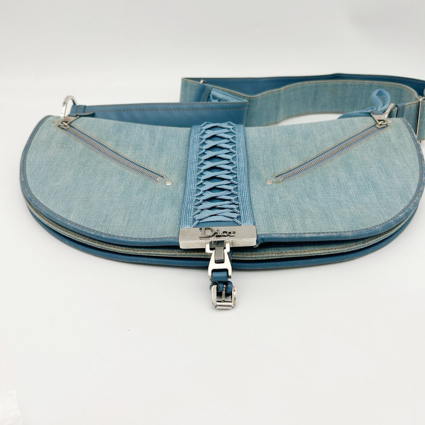 Christian Dior Light Blue Denim Ballet Lace-Up Saddle Shoulder Bag [Used]