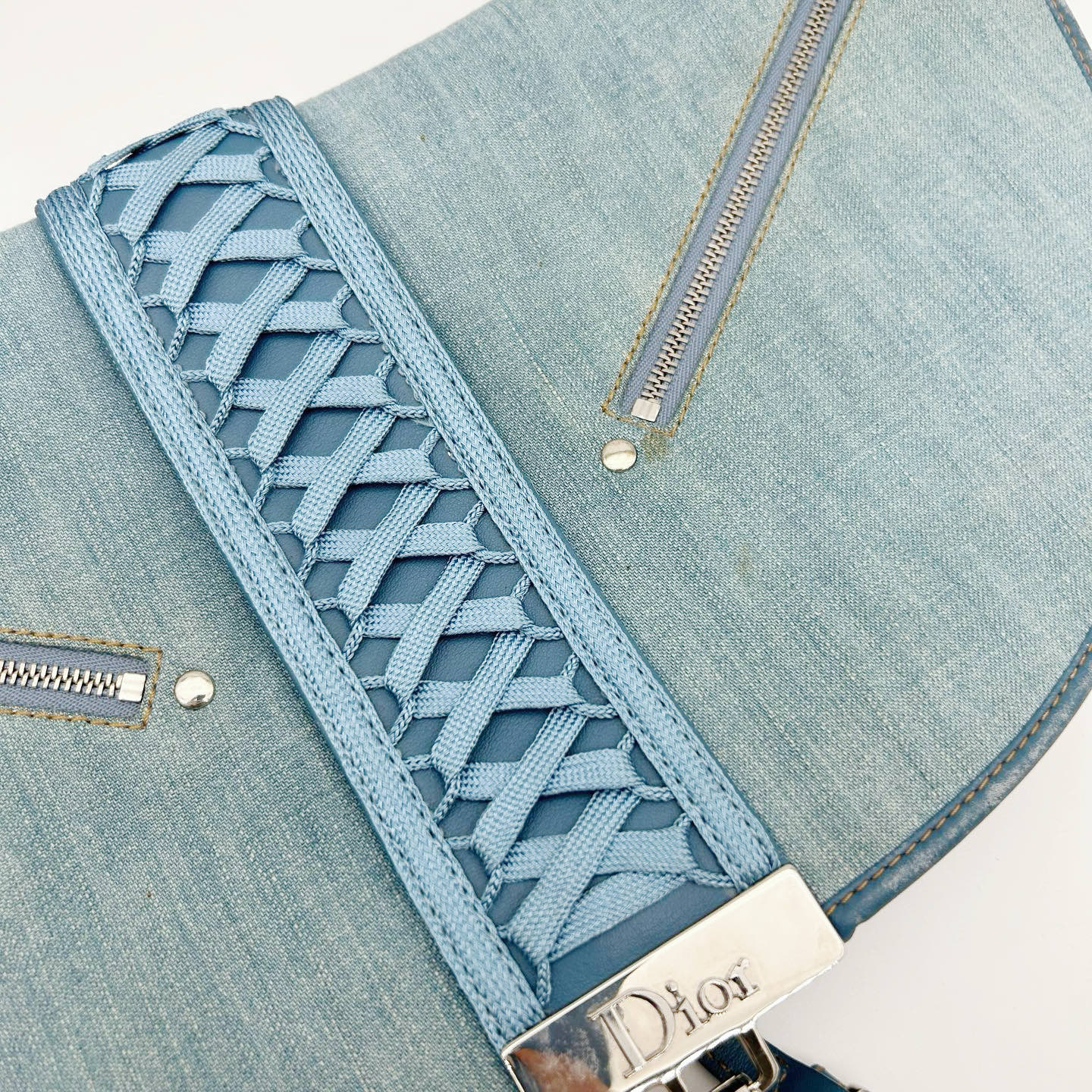 Christian Dior Light Blue Denim Ballet Lace-Up Saddle Shoulder Bag [Used]