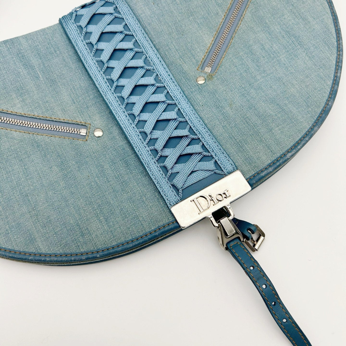 Christian Dior Light Blue Denim Ballet Lace-Up Saddle Shoulder Bag [Used]