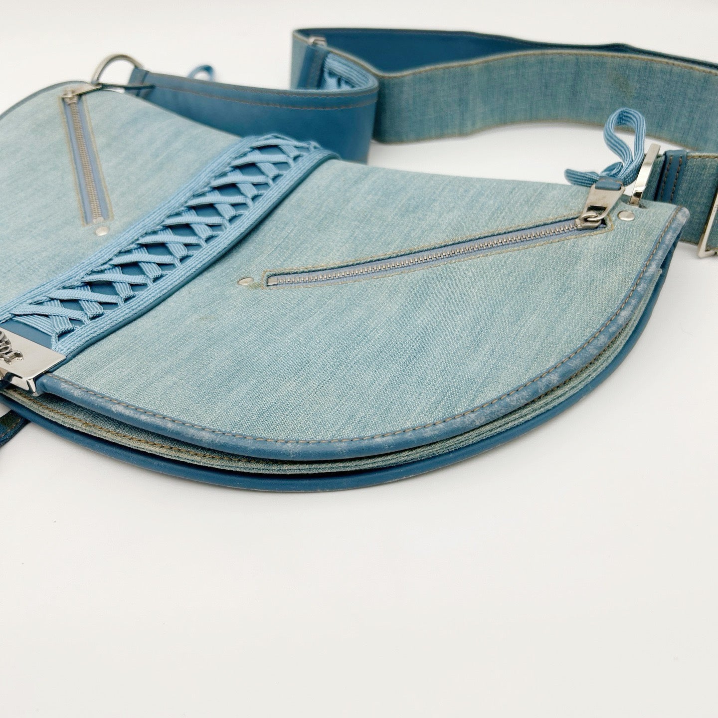 Christian Dior Light Blue Denim Ballet Lace-Up Saddle Shoulder Bag [Used]