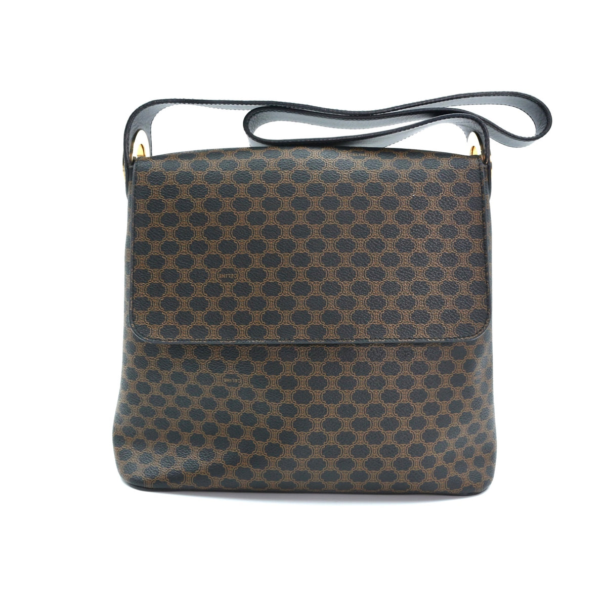 Celine Vintage Black Macadam Canvas Flap Shoulder Bag Gold Ring [Used]