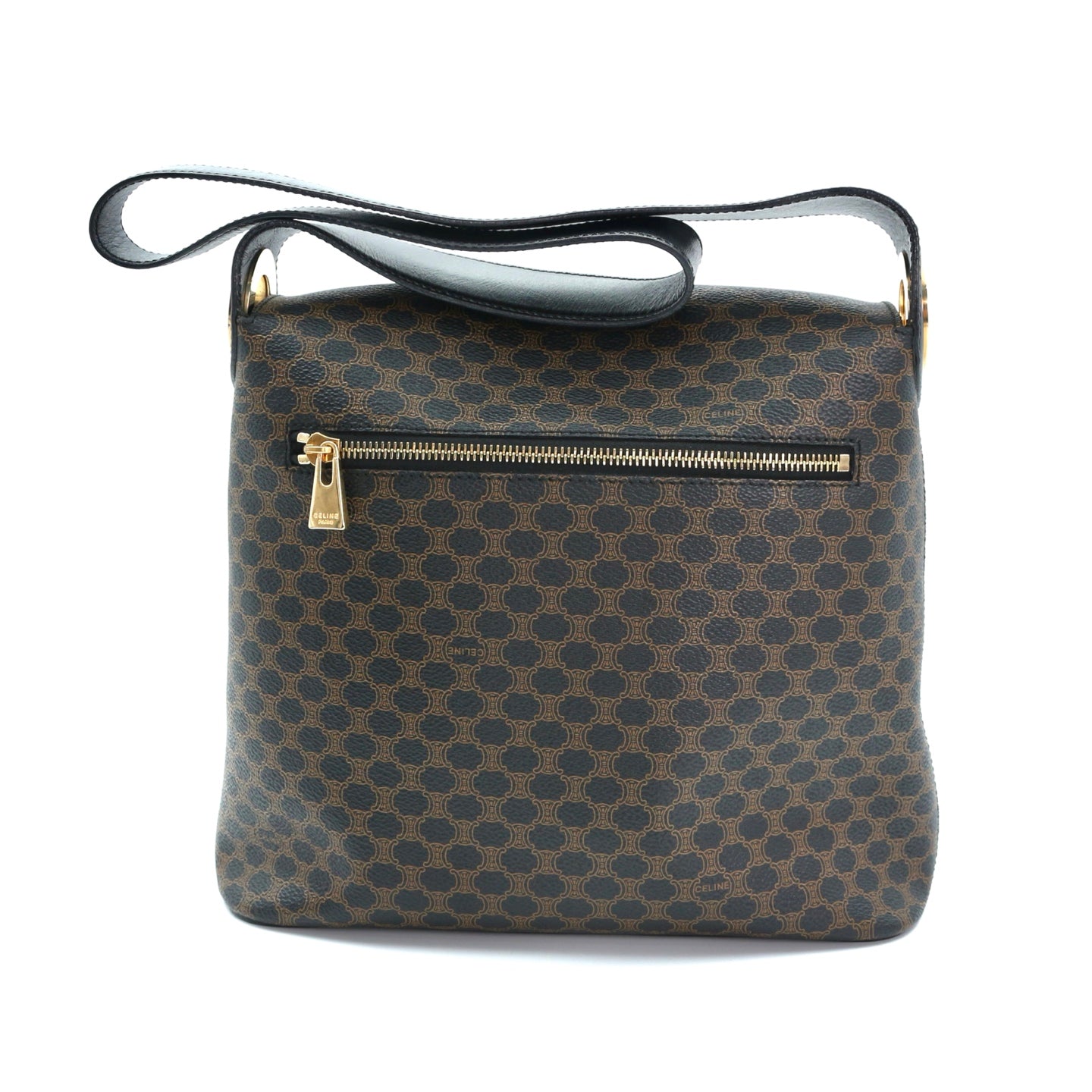 Celine Vintage Black Macadam Canvas Flap Shoulder Bag Gold Ring [Used]