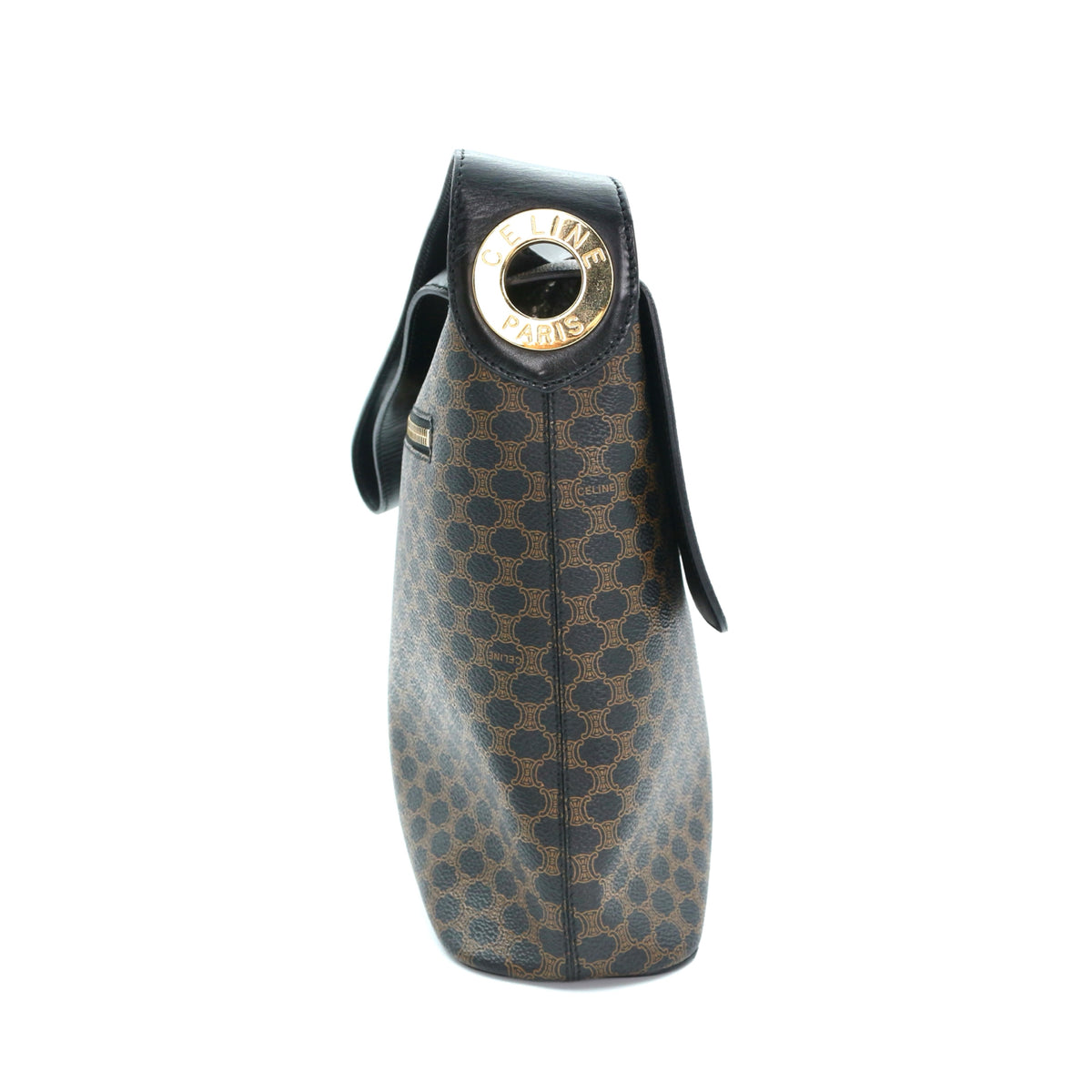 Celine Vintage Black Macadam Canvas Flap Shoulder Bag Gold Ring [Used]