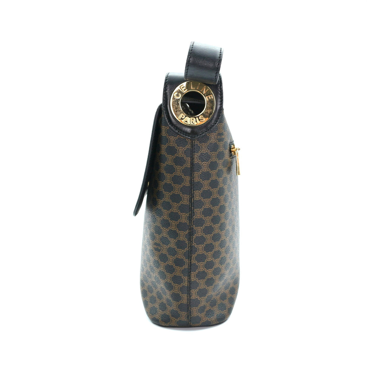 Celine Vintage Black Macadam Canvas Flap Shoulder Bag Gold Ring [Used]