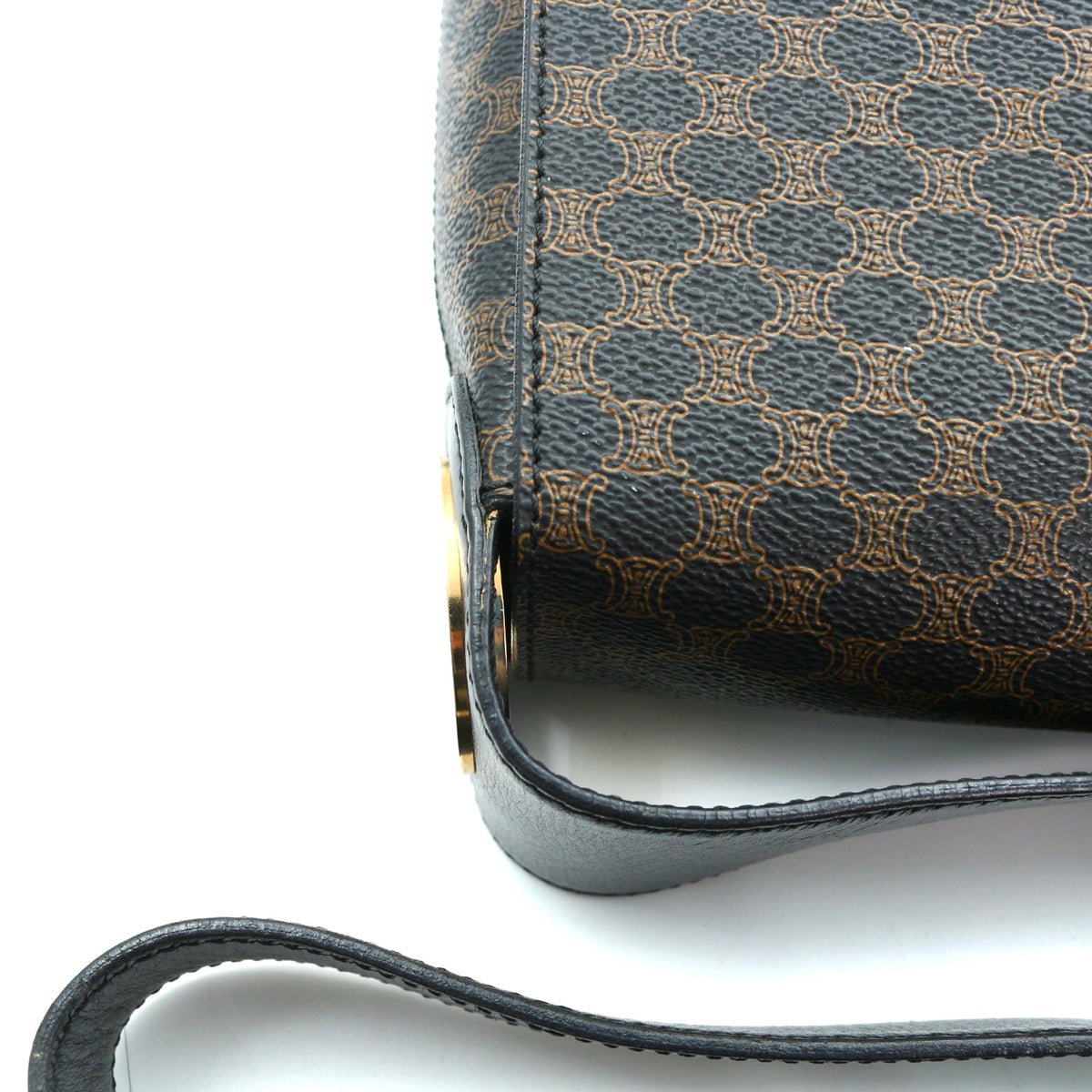 Celine Vintage Black Macadam Canvas Flap Shoulder Bag Gold Ring [Used]