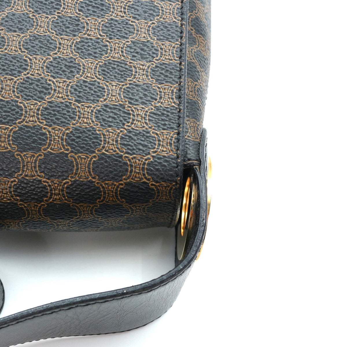 Celine Vintage Black Macadam Canvas Flap Shoulder Bag Gold Ring [Used]