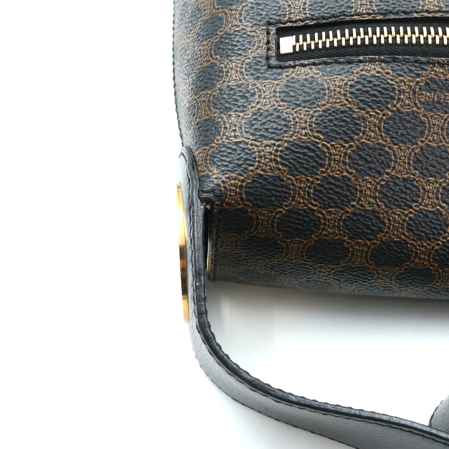 Celine Vintage Black Macadam Canvas Flap Shoulder Bag Gold Ring [Used]