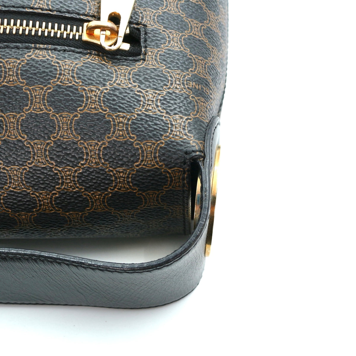 Celine Vintage Black Macadam Canvas Flap Shoulder Bag Gold Ring [Used]