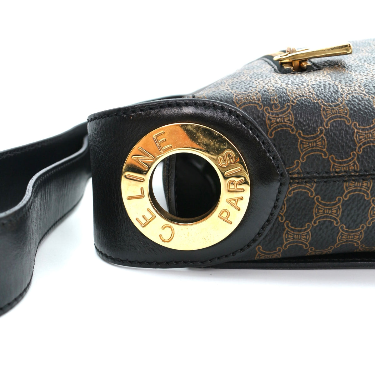 Celine Vintage Black Macadam Canvas Flap Shoulder Bag Gold Ring [Used]