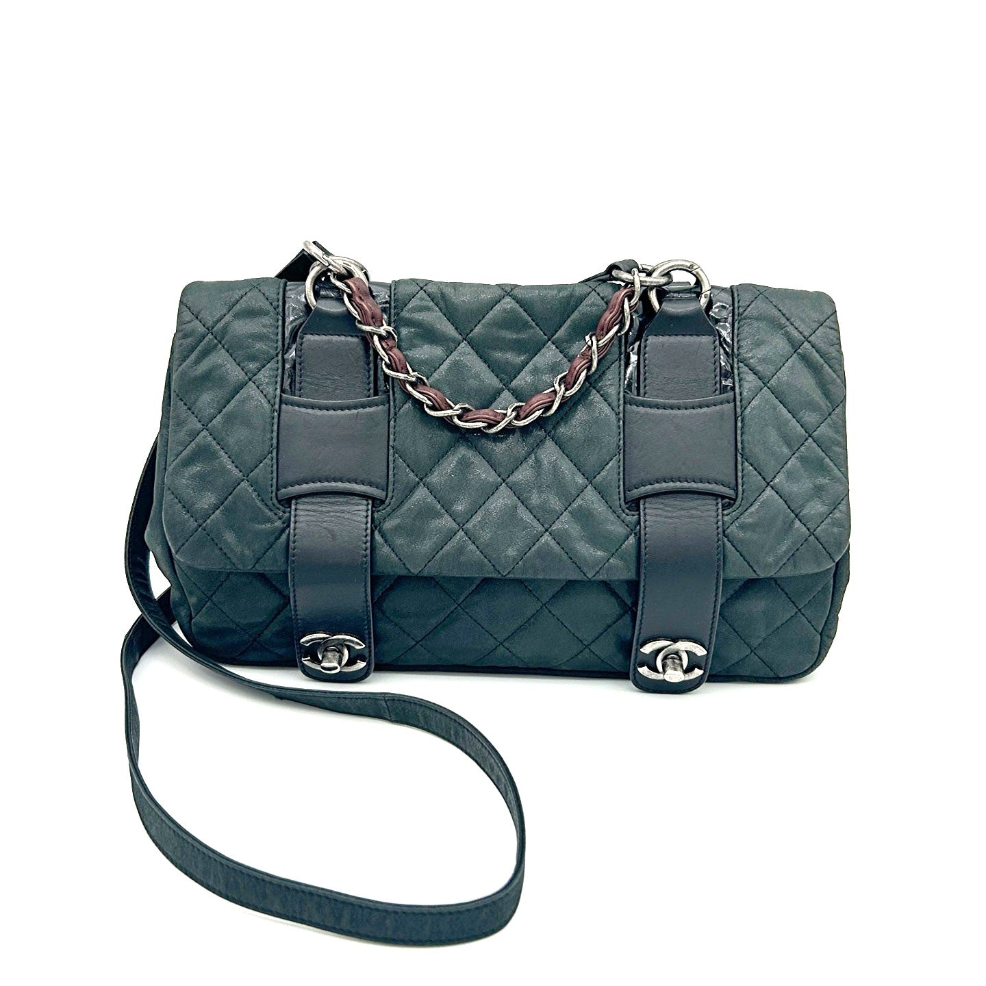 CHANEL Dark Green Pearl Calfskin 2-Way School Lock Messenger Bag [Used]