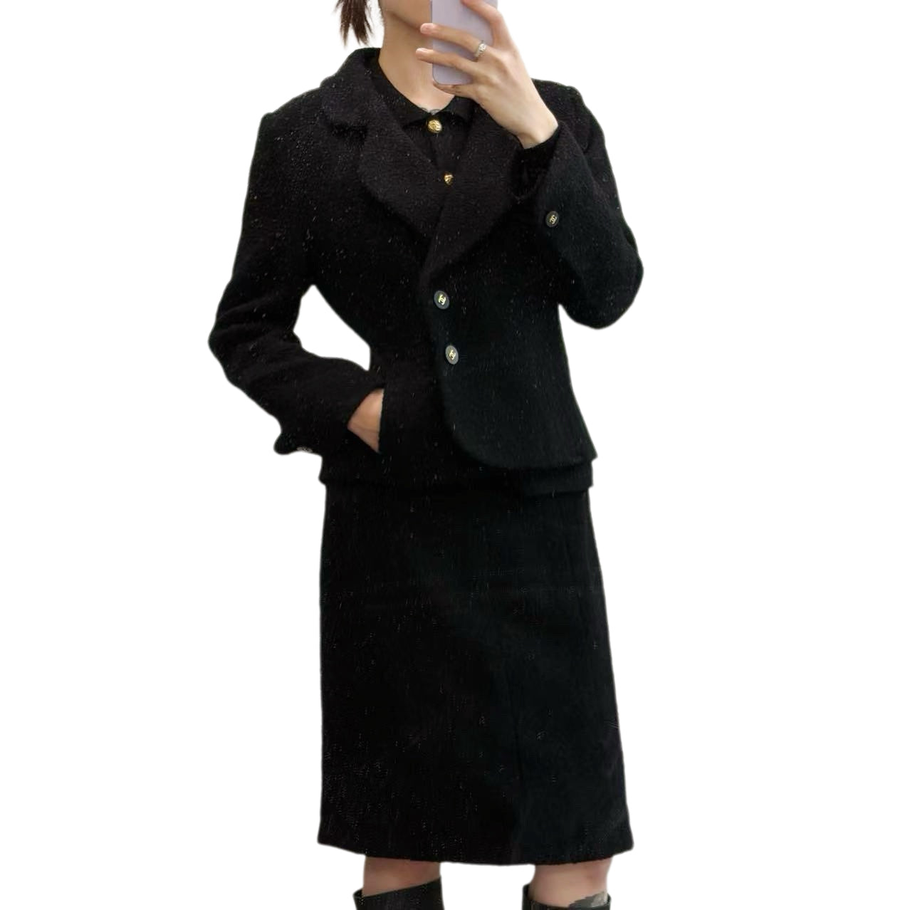 CHANEL Black Tweed Skirt Suit Set Size 38 [Used]