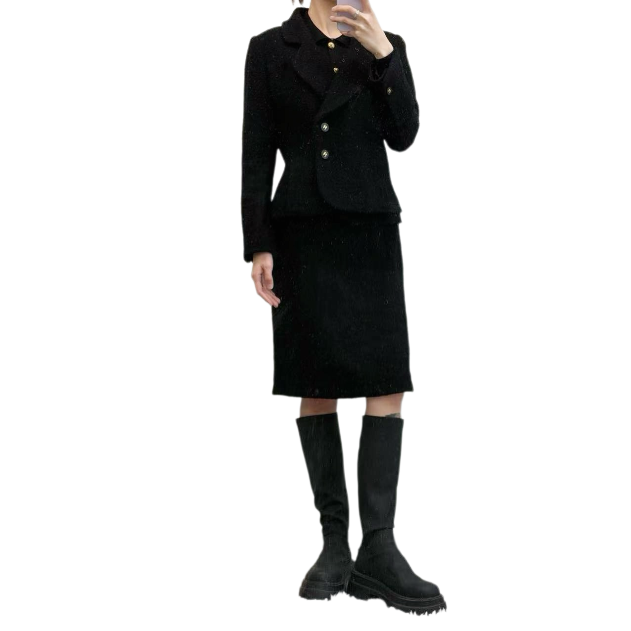 CHANEL Black Tweed Skirt Suit Set Size 38 [Used]