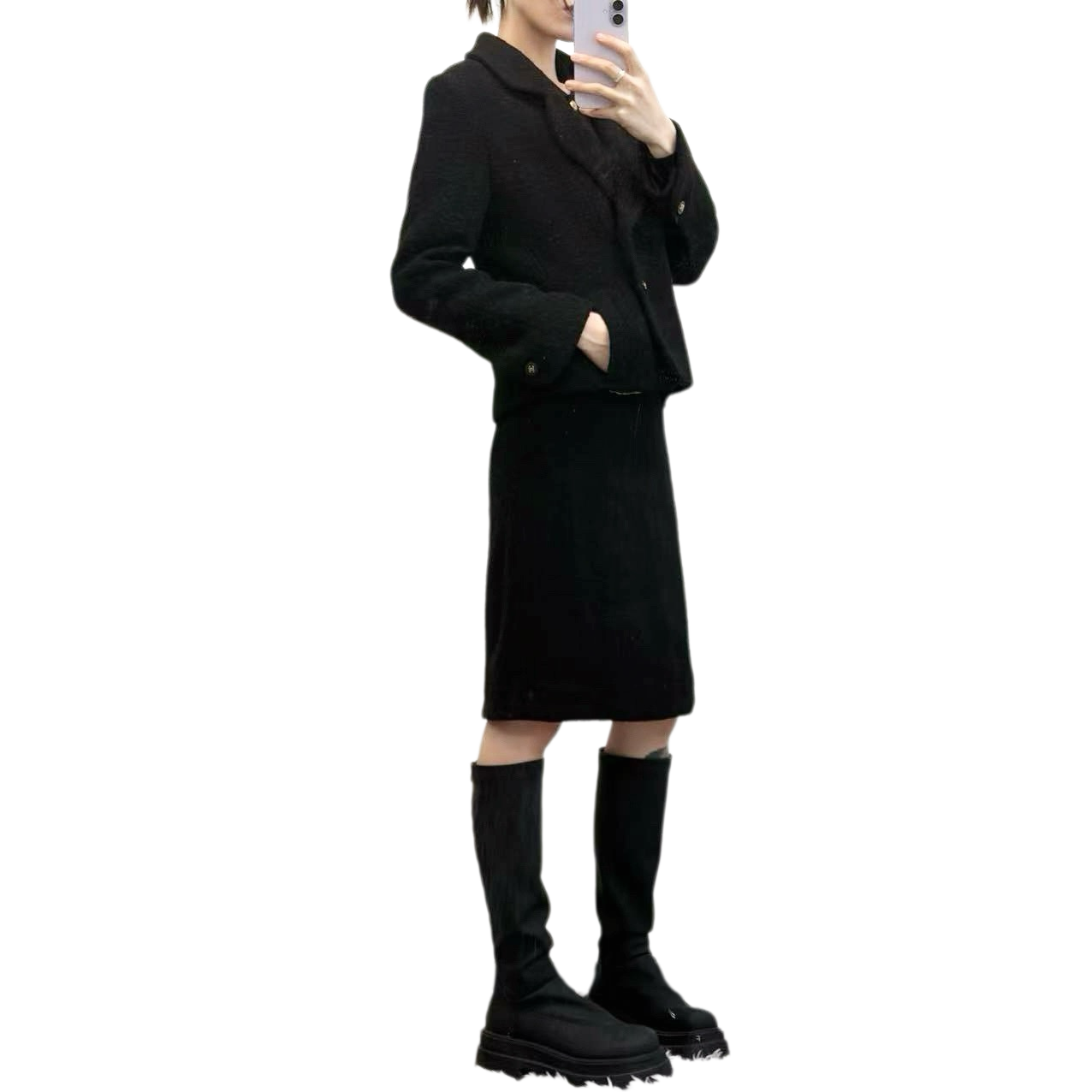 CHANEL Black Tweed Skirt Suit Set Size 38 [Used]