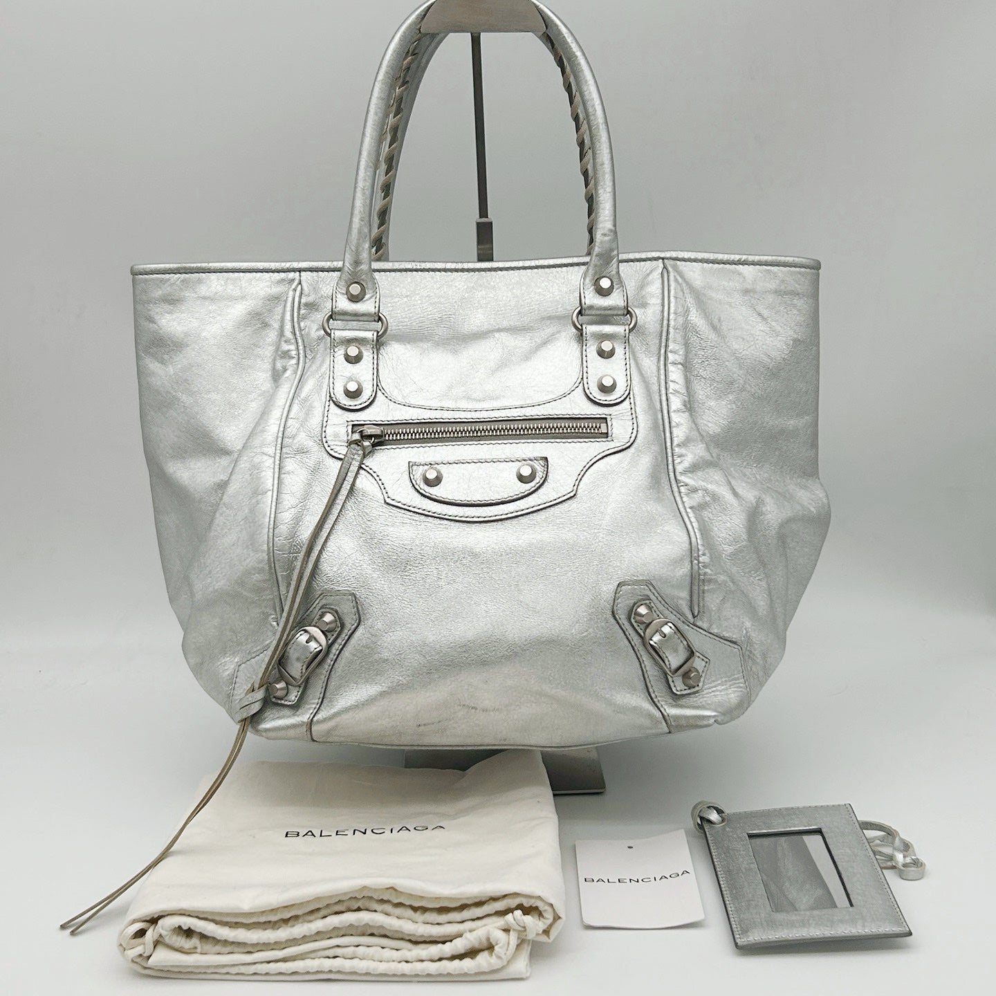 BALENCIAGA Metallic Silver Motorcycle Tote Bag [Used]